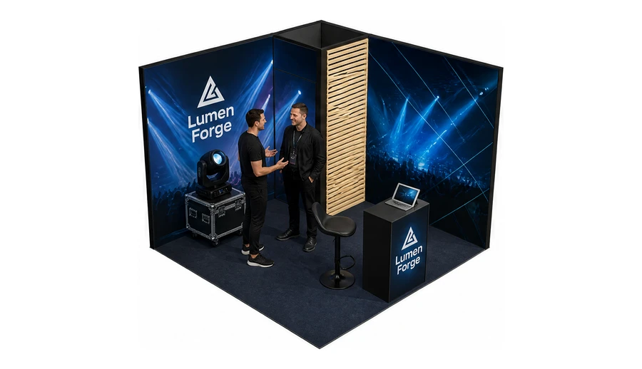 Stoisko 3 × 3 m narożne prawe dla branży branża eventowa, przykładowa marka Lumen Forge