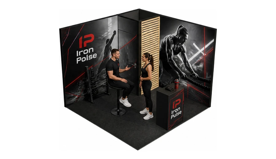 Stoisko 3 × 3 m narożne prawe dla branży fitness i siłownie, przykładowa marka Iron Pulse