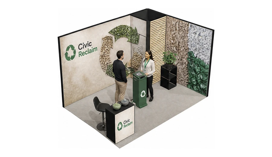 Stoisko 4 × 3 m narożne prawe dla branży recykling i ochrona środowiska, przykładowa marka Civic Reclaim