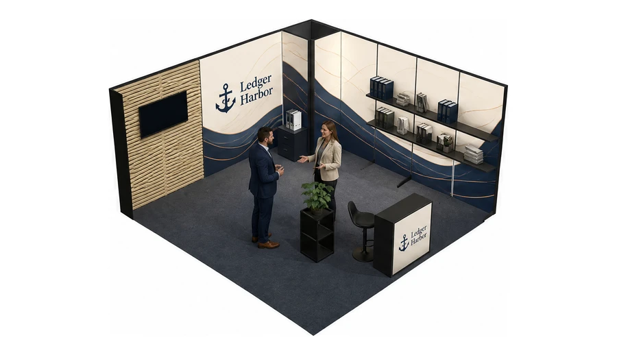 Stoisko 5 × 5 m narożne prawe dla branży usługi finansowe i księgowe, przykładowa marka Ledger Harbor