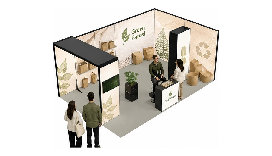 Stoisko 6 × 4 m narożne prawe dla branży opakowania ekologiczne, przykładowa marka Green Parcel