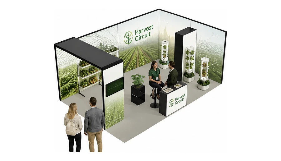 Stoisko 6 × 4 m narożne prawe dla branży sadownictwo i warzywnictwo, przykładowa marka Harvest Circuit