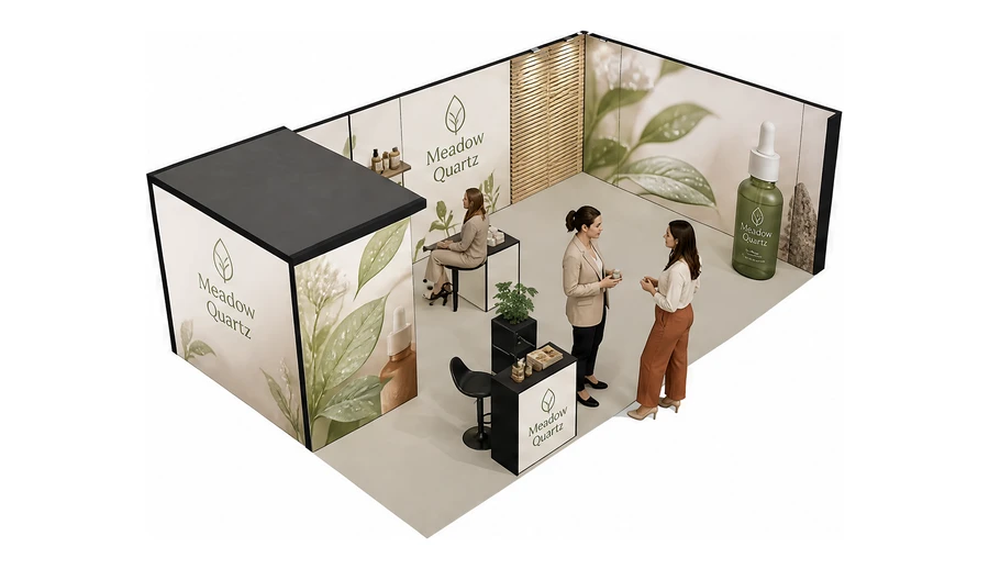 Stoisko 8 × 5 m narożne prawe dla branży kosmetyki naturalne, przykładowa marka Meadow Quartz