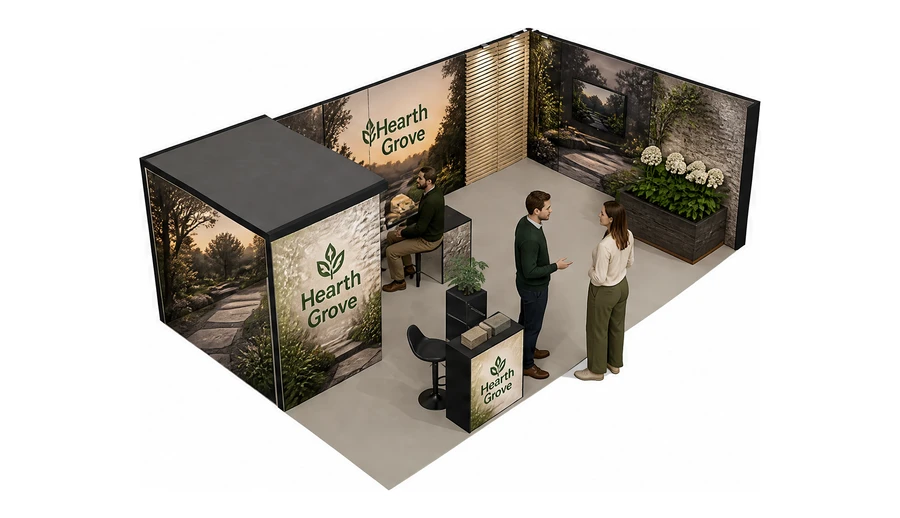 Stoisko 8 × 5 m narożne prawe dla branży ogród i architektura krajobrazu, przykładowa marka Hearth Grove