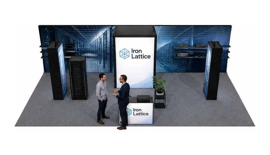 Stoisko 10 × 5 m półwyspowe dla branży infrastruktura IT i data center, przykładowa marka Iron Lattice