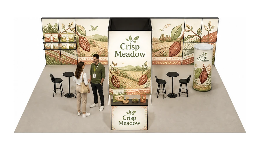 Stoisko 10 × 6 m półwyspowe dla branży słodycze i przekąski, przykładowa marka Crisp Meadow