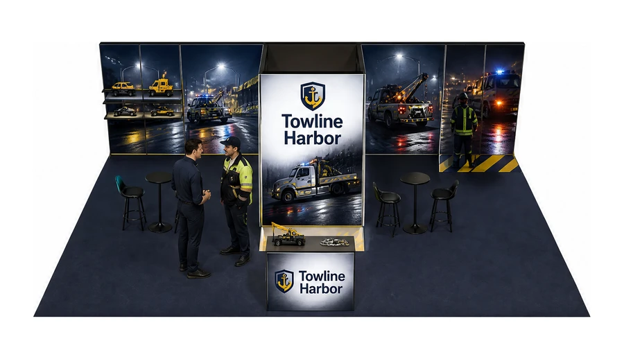 Stoisko 10 × 6 m półwyspowe dla branży pomoc drogowa i lawety, przykładowa marka Towline Harbor