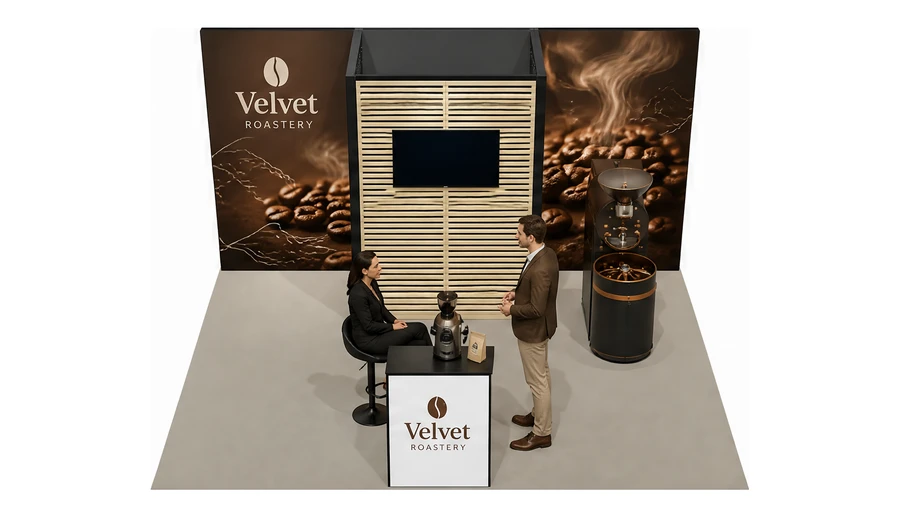 Stoisko 5 × 4 m półwyspowe dla branży palarnia kawy, przykładowa marka Velvet Roastery