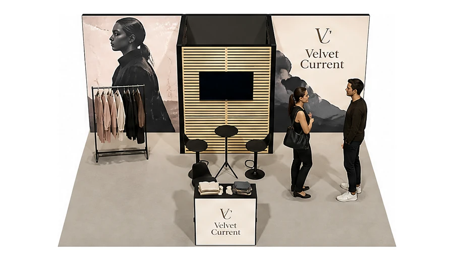 Stoisko 5 × 5 m półwyspowe dla branży odzież i moda, przykładowa marka Velvet Current