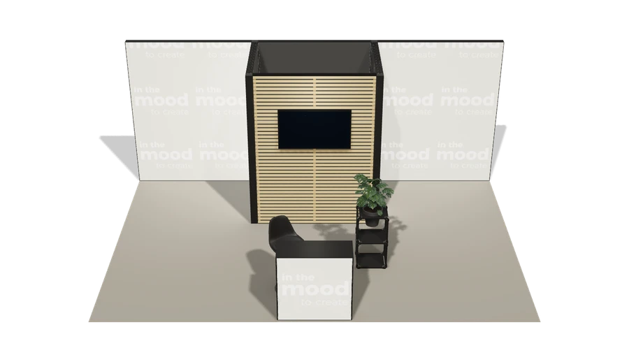 Układ z góry stoiska targowego stoisko polwyspowe 6x4 m100 led z zapleczem z2 r0 s0 l1 e1 p0 w0 m0 g0 a1 v2 o2