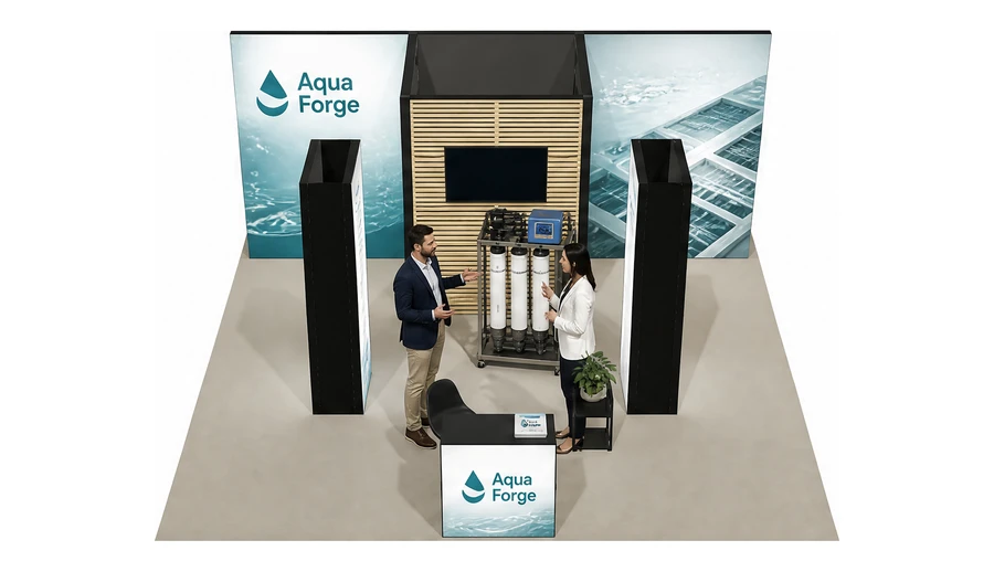 Stoisko 6 × 6 m półwyspowe dla branży technologie wodne, przykładowa marka Aqua Forge