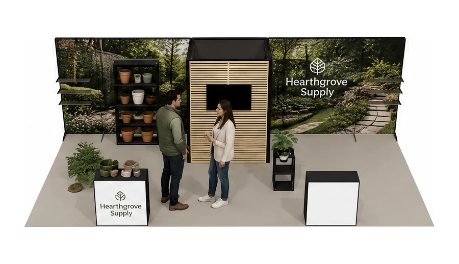 Stoisko 8 × 4 m półwyspowe dla branży ogród i architektura krajobrazu, przykładowa marka Hearthgrove Supply