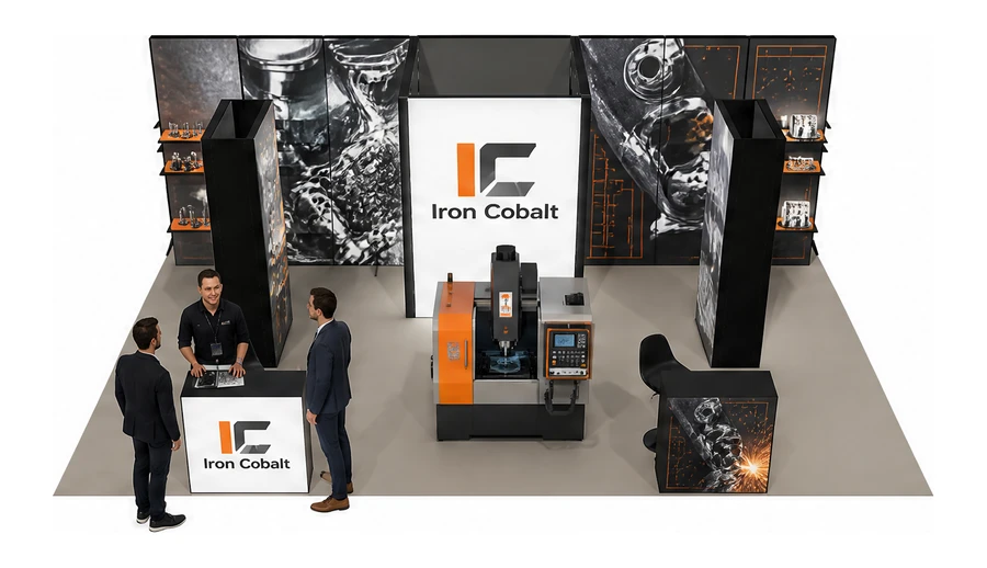 Stoisko 8 × 5 m półwyspowe dla branży obrabiarki i narzędzia, przykładowa marka Iron Cobalt