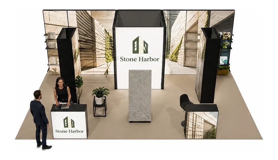 Stoisko 8 × 5 m półwyspowe dla branży materiały budowlane, przykładowa marka Stone Harbor