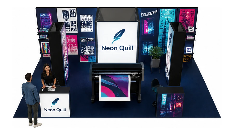 Stoisko 8 × 5 m półwyspowe dla branży reklama i druk, przykładowa marka Neon Quill
