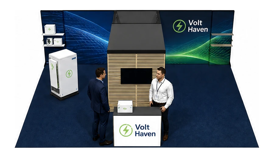 Stoisko 8 × 6 m półwyspowe dla branży magazyny energii, przykładowa marka Volt Haven