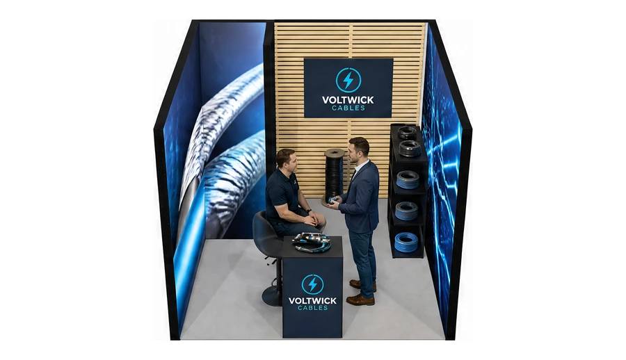 Stoisko 3 × 3 m szeregowe dla branży kable i elektrotechnika, przykładowa marka Voltwick Cables