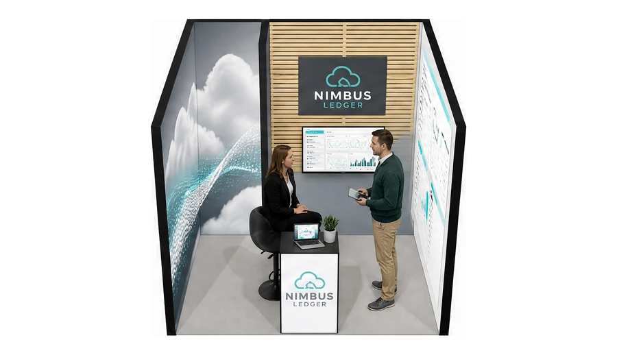 Stoisko 3 × 3 m szeregowe dla branży oprogramowanie dla firm, przykładowa marka Nimbus Ledger