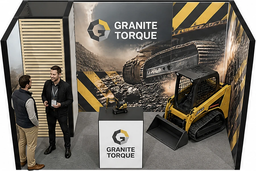 Stoisko 4 × 2 m szeregowe dla branży maszyny budowlane, przykładowa marka Granite Torque