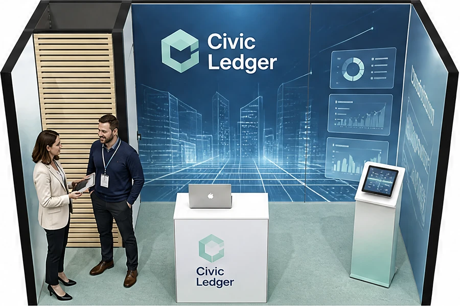 Stoisko 4 × 2 m szeregowe dla branży oprogramowanie dla firm, przykładowa marka Civic Ledger