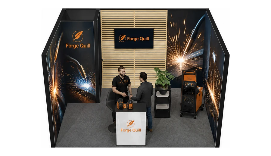 Stoisko 4 × 3 m szeregowe dla branży spawalnictwo, przykładowa marka Forge Quill