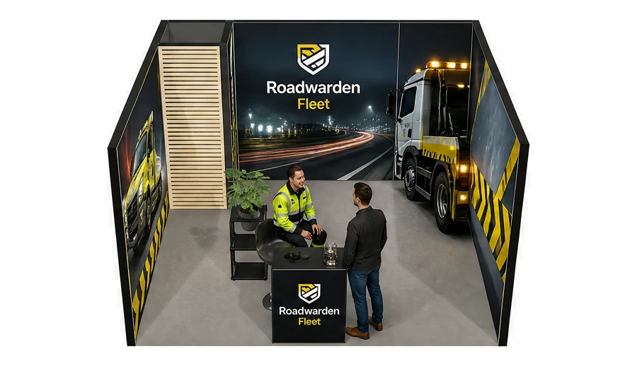 Stoisko 4 × 4 m szeregowe dla branży pomoc drogowa i lawety, przykładowa marka Roadwarden Fleet