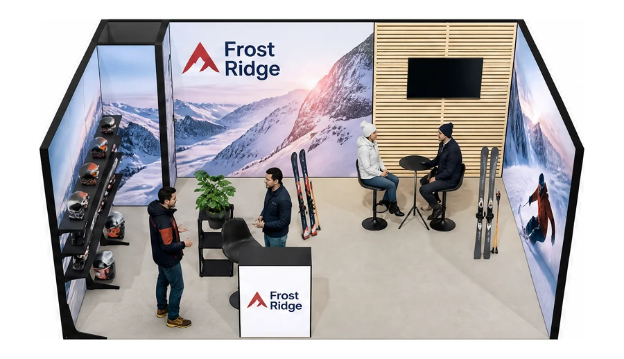 Stoisko 5 × 4 m szeregowe dla branży narciarstwo i sporty zimowe, przykładowa marka Frost Ridge