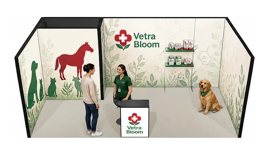 Stoisko 6 × 3 m szeregowe dla branży weterynaria, przykładowa marka Vetra Bloom