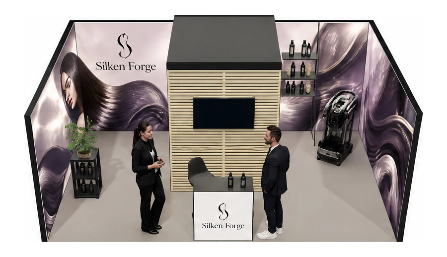Stoisko 6 × 4 m szeregowe dla branży fryzjerstwo i salony beauty, przykładowa marka Silken Forge