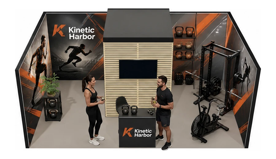 Stoisko 6 × 4 m szeregowe dla branży fitness i siłownie, przykładowa marka Kinetic Harbor