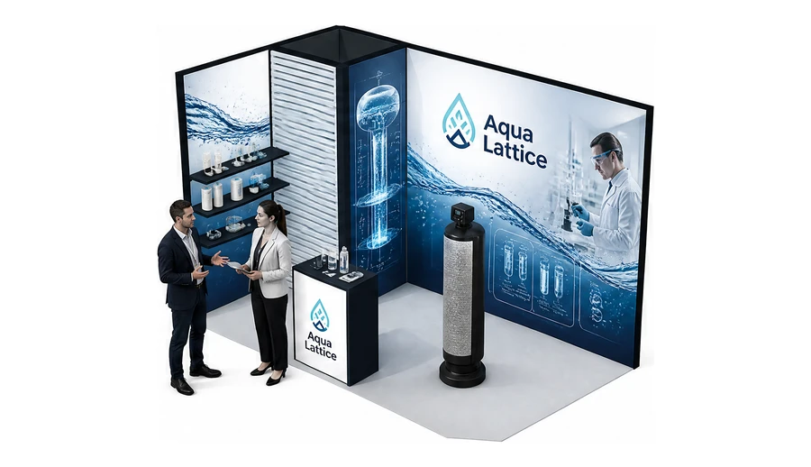 Stoisko 3 × 2 m narożne lewe dla branży technologie wodne, przykładowa marka Aqua Lattice