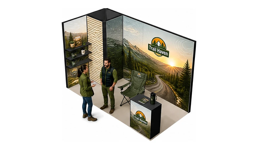 Stoisko 4 × 2 m narożne lewe dla branży caravaning i kampery, przykładowa marka Trail Haven