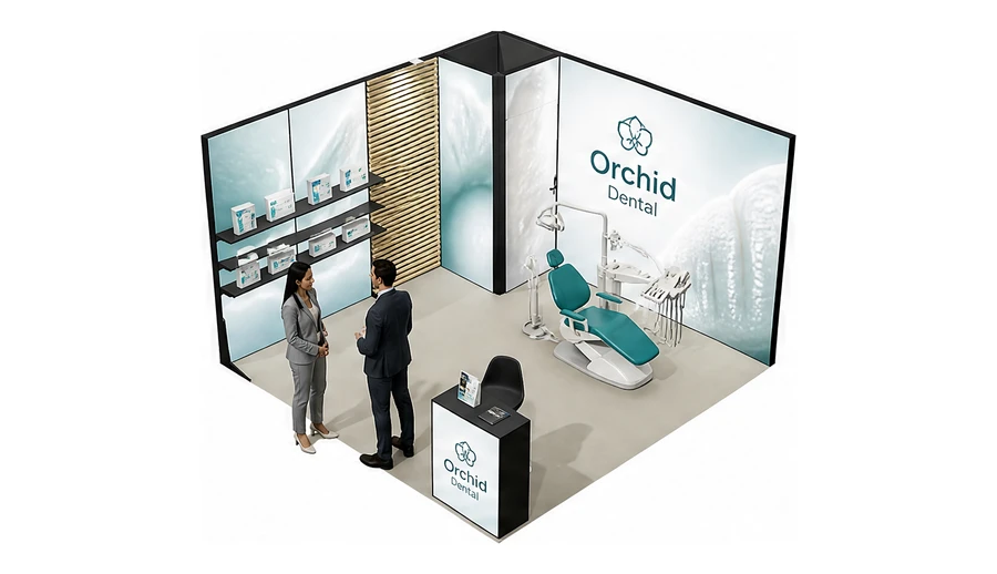 Stoisko 4 × 4 m narożne lewe dla branży stomatologia, przykładowa marka Orchid Dental