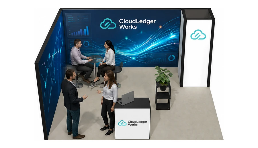Stoisko 5 × 4 m narożne lewe dla branży oprogramowanie dla firm, przykładowa marka CloudLedger Works