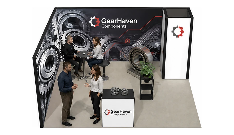 Stoisko 5 × 4 m narożne lewe dla branży części motoryzacyjne, przykładowa marka GearHaven Components