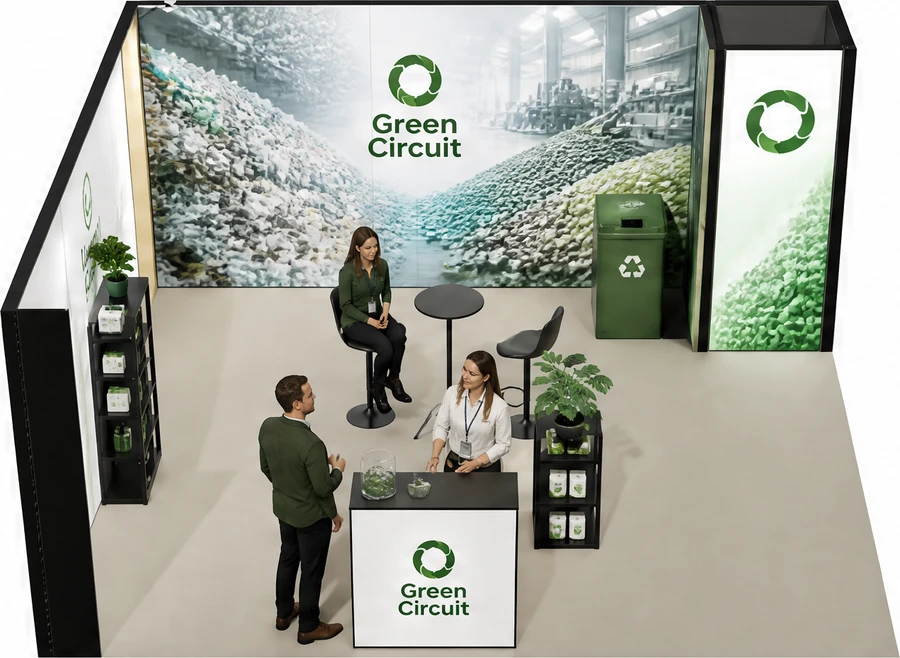 Stoisko 5 × 5 m narożne lewe dla branży recykling i ochrona środowiska, przykładowa marka Green Circuit