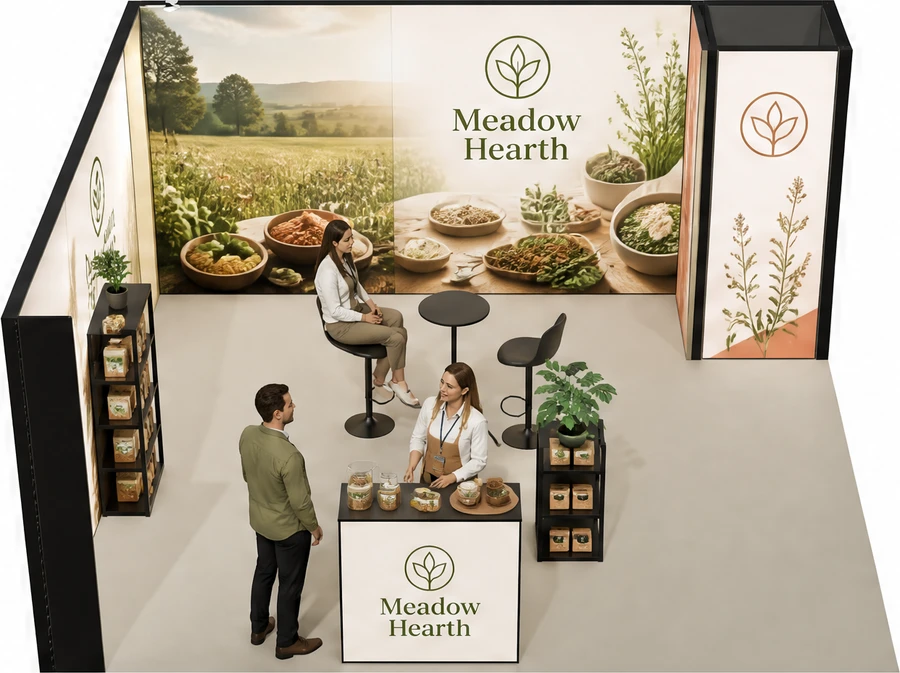 Stoisko 5 × 5 m narożne lewe dla branży żywność ekologiczna, przykładowa marka Meadow Hearth