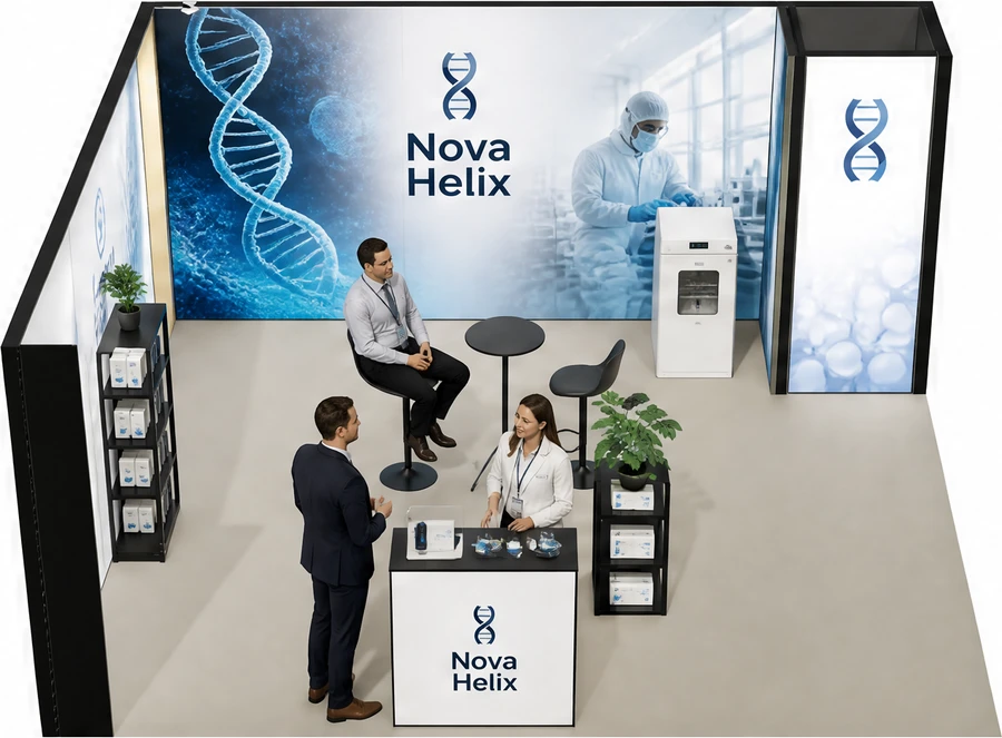 Stoisko 5 × 5 m narożne lewe dla branży farmacja i biotechnologia, przykładowa marka Nova Helix
