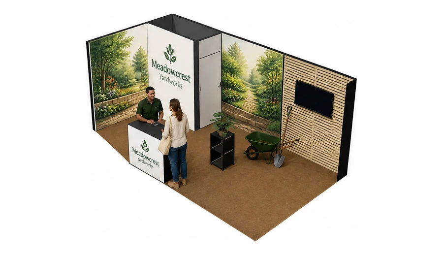 Stoisko 6 × 3 m narożne lewe dla branży ogród i architektura krajobrazu, przykładowa marka Meadowcrest Yardworks