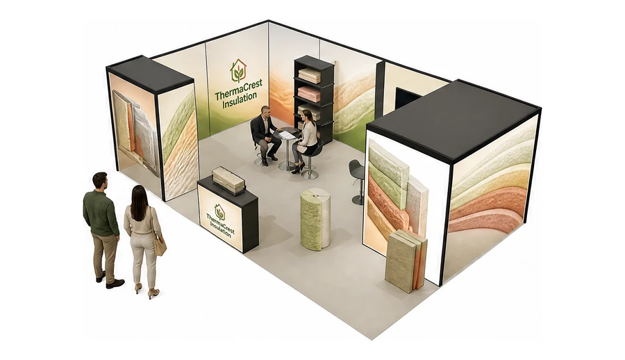 Stoisko 8 × 5 m narożne lewe dla branży izolacje techniczne, przykładowa marka ThermaCrest Insulation