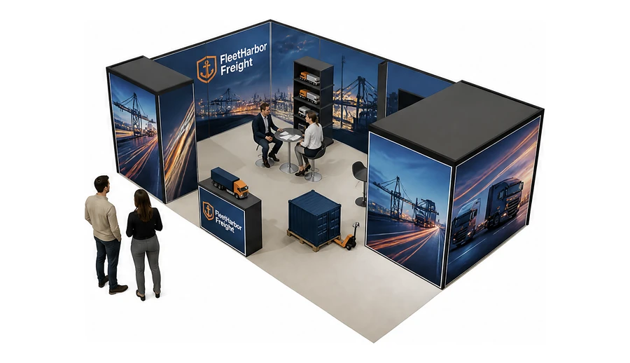 Stoisko 8 × 5 m narożne lewe dla branży logistyka i spedycja, przykładowa marka FleetHarbor Freight