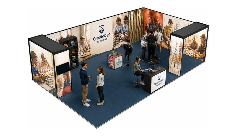 Stoisko 10 × 6 m narożne prawe dla branży edukacja i szkolenia, przykładowa marka Crestbridge Academy