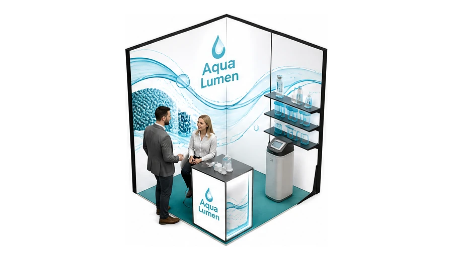 Stoisko 2 × 2 m narożne prawe dla branży technologie wodne, przykładowa marka Aqua Lumen