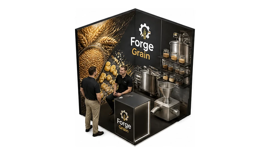 Stoisko 2 × 2 m narożne prawe dla branży technologie spożywcze, przykładowa marka Forge Grain