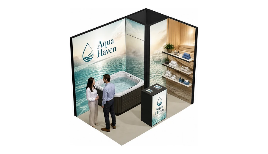 Stoisko 3 × 2 m narożne prawe dla branży baseny i sauny, przykładowa marka Aqua Haven