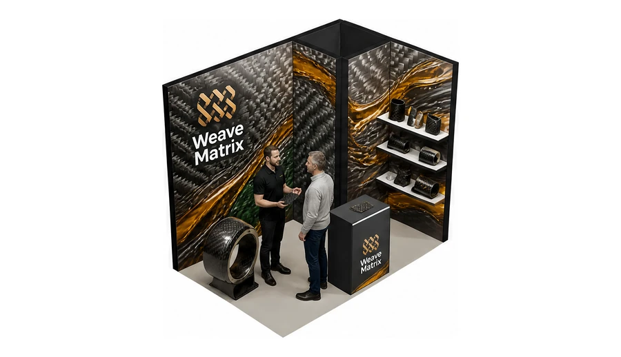 Stoisko 3 × 2 m narożne prawe dla branży materiały kompozytowe, przykładowa marka Weave Matrix