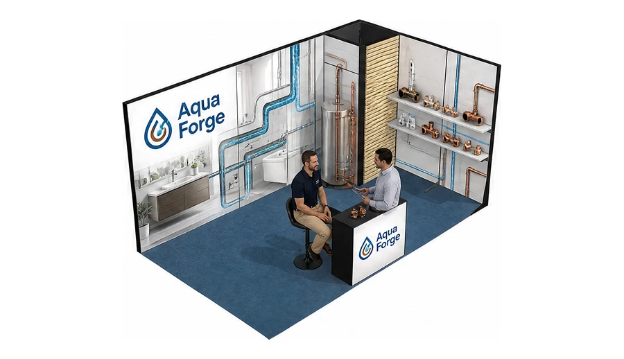 Stoisko 5 × 3 m narożne prawe dla branży instalacje wodno-kanalizacyjne, przykładowa marka Aqua Forge