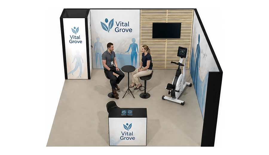 Stoisko 5 × 5 m narożne prawe dla branży rehabilitacja i fizjoterapia, przykładowa marka Vital Grove