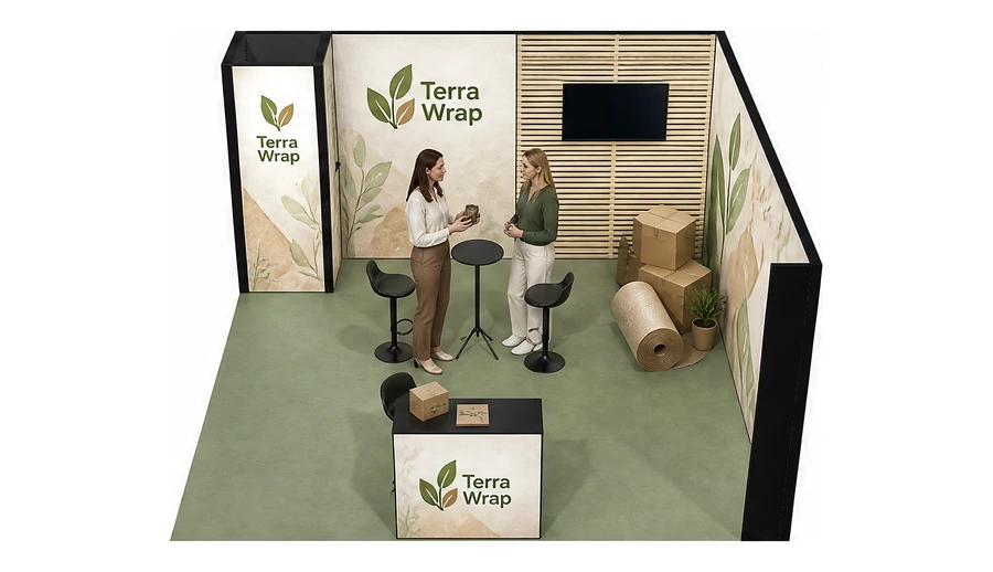 Stoisko 5 × 5 m narożne prawe dla branży opakowania ekologiczne, przykładowa marka Terra Wrap