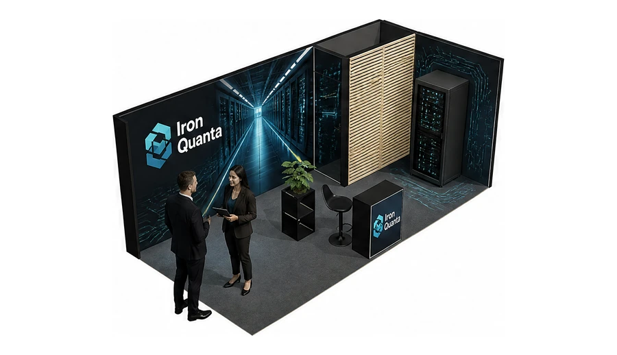 Stoisko 6 × 3 m narożne prawe dla branży infrastruktura IT i data center, przykładowa marka Iron Quanta